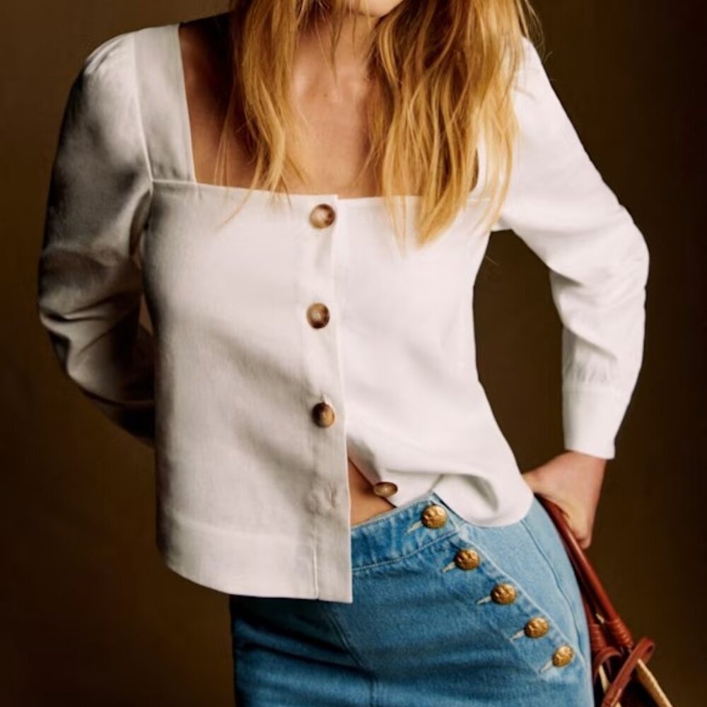 Sezane Lorenza Linen Blouse Ivory Size 10 US